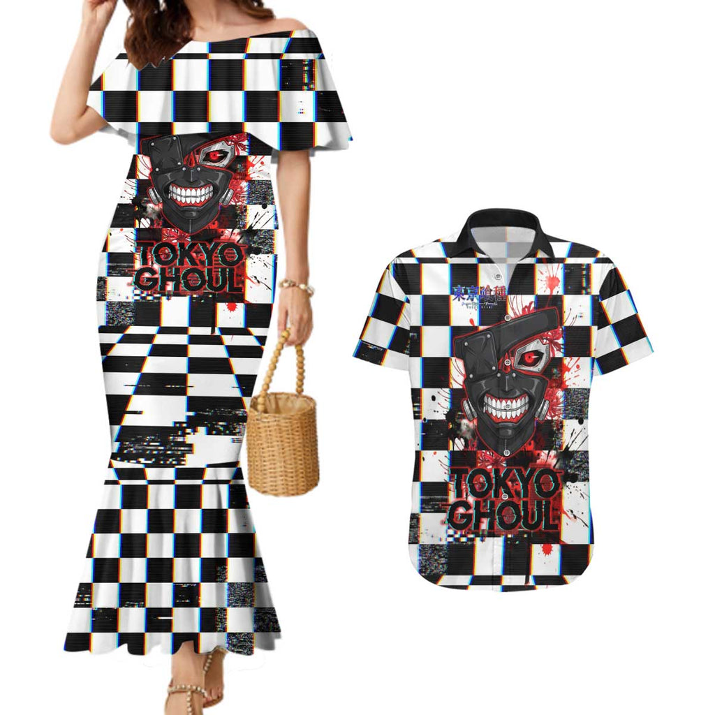 Tokyo Ghoul Kaneki Ken Couples Matching Mermaid Dress and Hawaiian Shirt Glitchcore Anime Style with Dark Checker Pattern