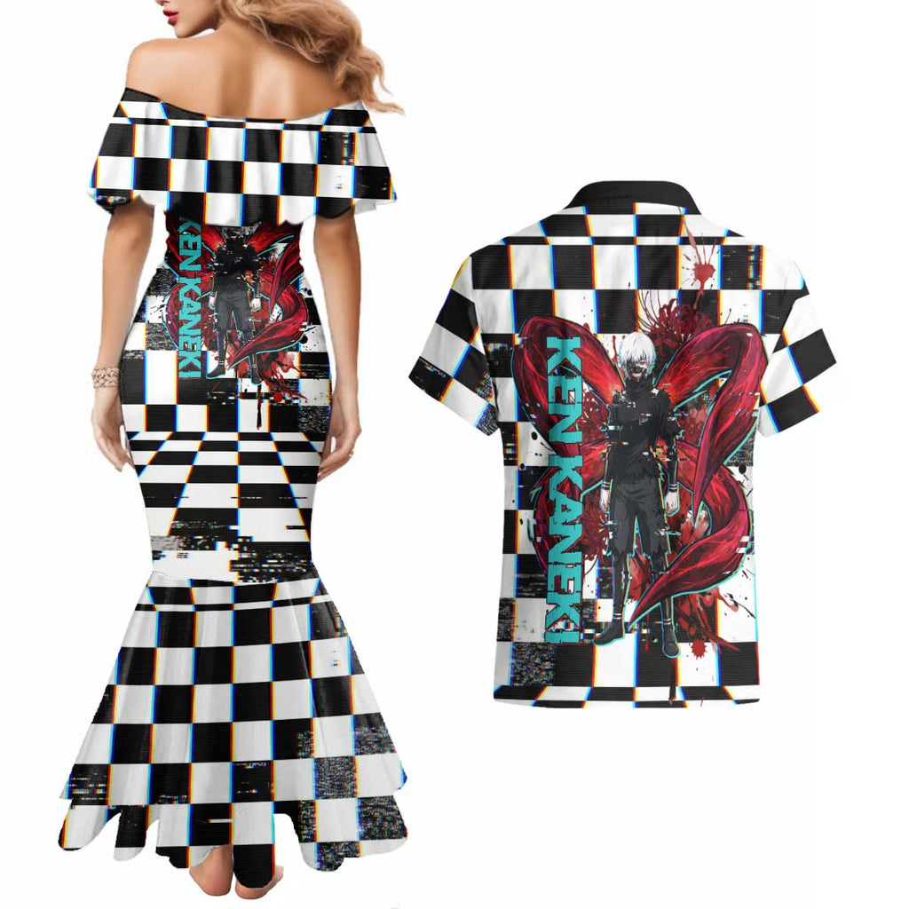 Tokyo Ghoul Kaneki Ken Couples Matching Mermaid Dress and Hawaiian Shirt Glitchcore Anime Style with Dark Checker Pattern
