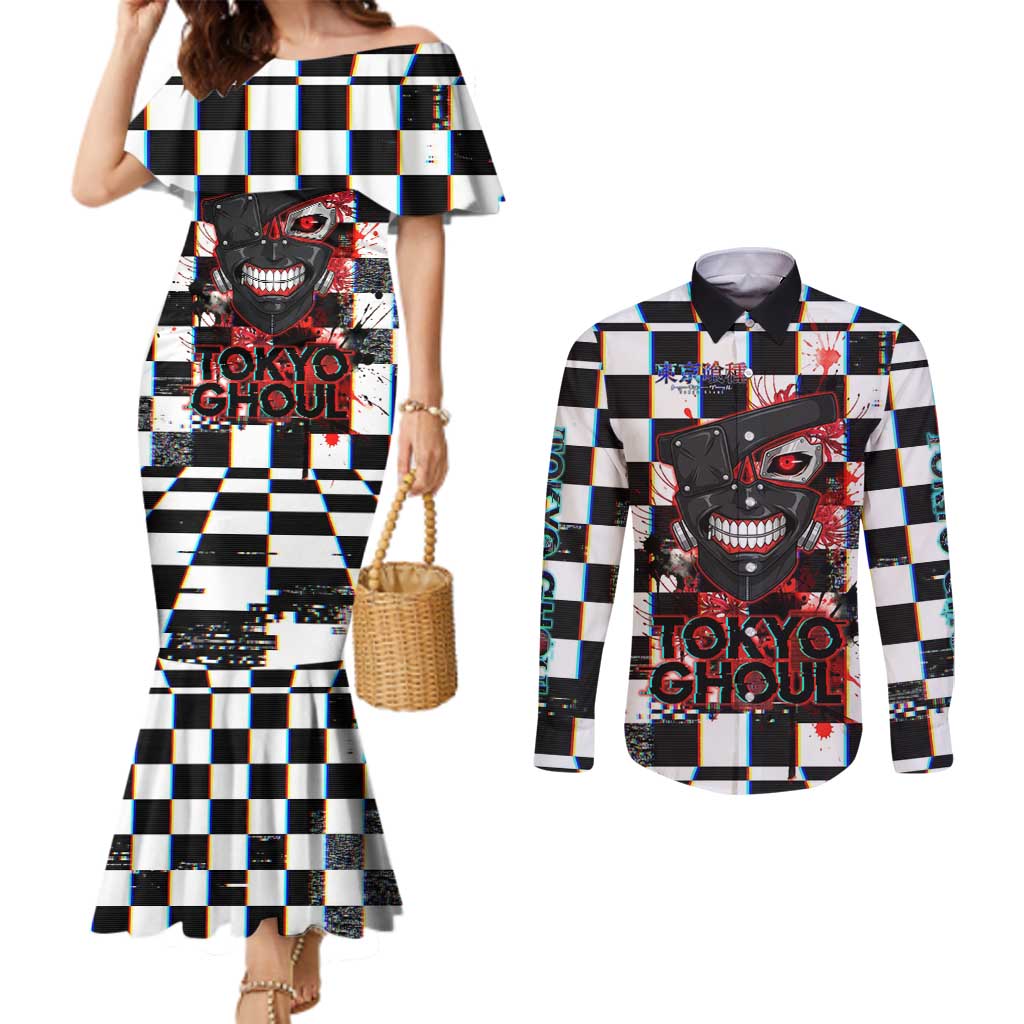 Tokyo Ghoul Kaneki Ken Couples Matching Mermaid Dress and Long Sleeve Button Shirt Glitchcore Anime Style with Dark Checker Pattern