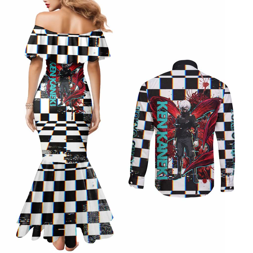 Tokyo Ghoul Kaneki Ken Couples Matching Mermaid Dress and Long Sleeve Button Shirt Glitchcore Anime Style with Dark Checker Pattern