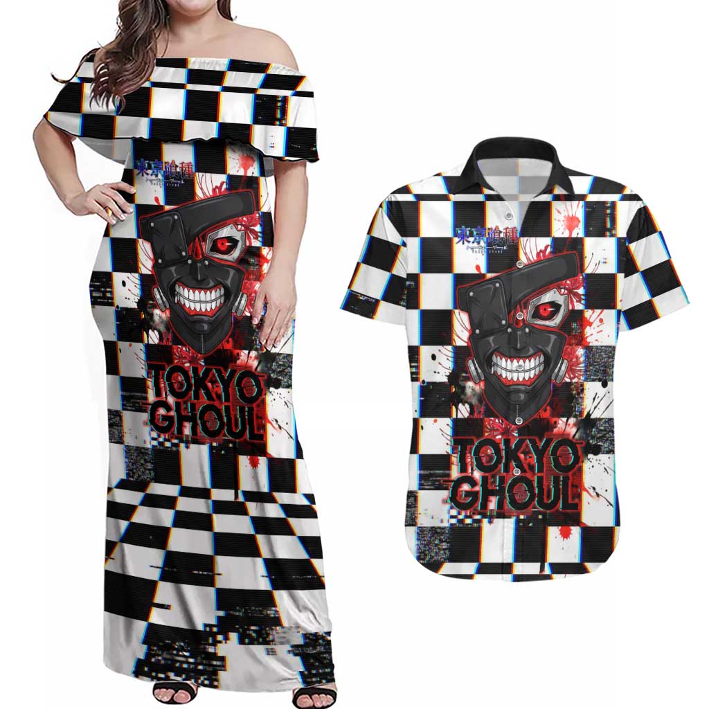 Tokyo Ghoul Kaneki Ken Couples Matching Off Shoulder Maxi Dress and Hawaiian Shirt Glitchcore Anime Style with Dark Checker Pattern