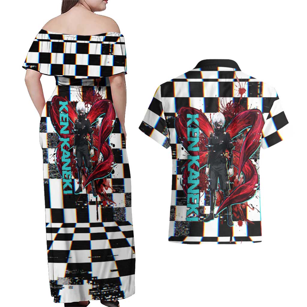 Tokyo Ghoul Kaneki Ken Couples Matching Off Shoulder Maxi Dress and Hawaiian Shirt Glitchcore Anime Style with Dark Checker Pattern