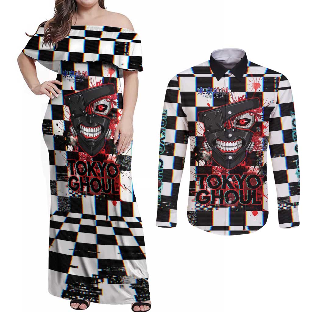 Tokyo Ghoul Kaneki Ken Couples Matching Off Shoulder Maxi Dress and Long Sleeve Button Shirt Glitchcore Anime Style with Dark Checker Pattern