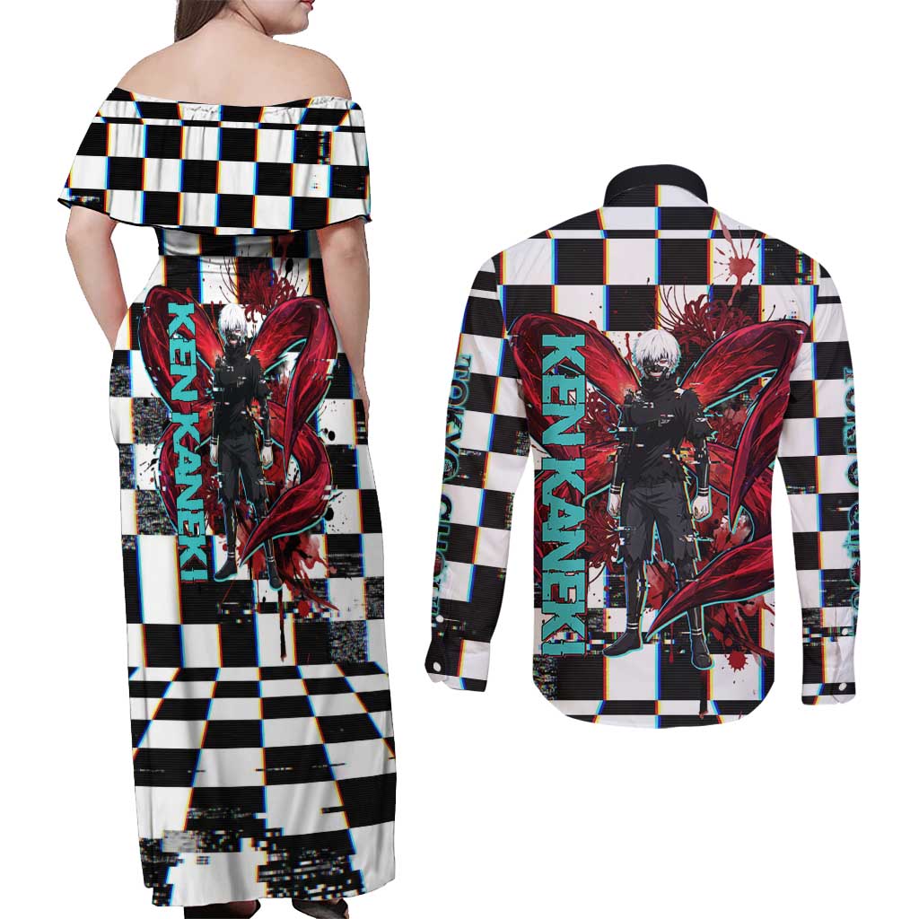 Tokyo Ghoul Kaneki Ken Couples Matching Off Shoulder Maxi Dress and Long Sleeve Button Shirt Glitchcore Anime Style with Dark Checker Pattern