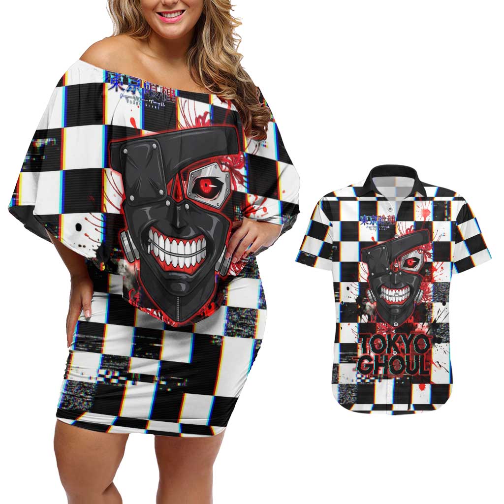 Tokyo Ghoul Kaneki Ken Couples Matching Off Shoulder Short Dress and Hawaiian Shirt Glitchcore Anime Style with Dark Checker Pattern