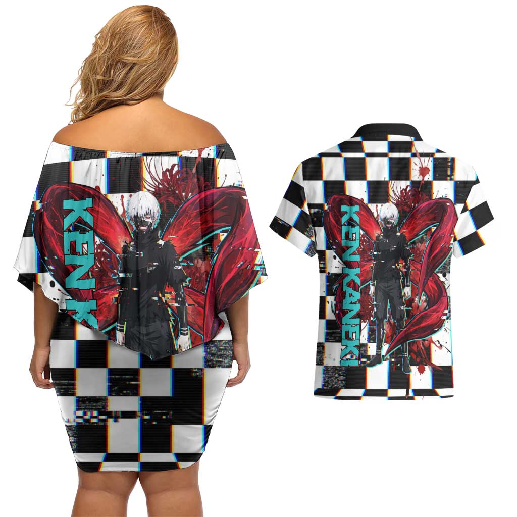 Tokyo Ghoul Kaneki Ken Couples Matching Off Shoulder Short Dress and Hawaiian Shirt Glitchcore Anime Style with Dark Checker Pattern
