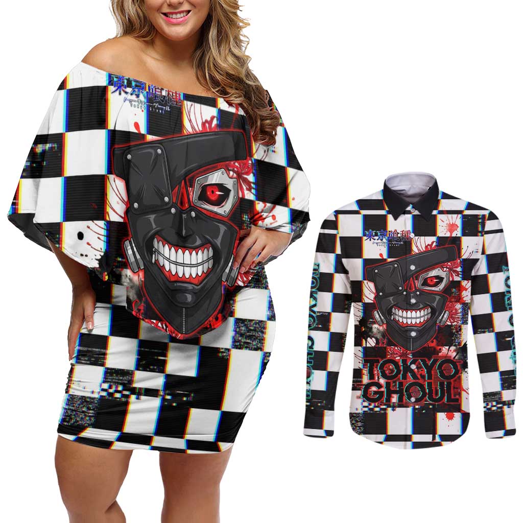 Tokyo Ghoul Kaneki Ken Couples Matching Off Shoulder Short Dress and Long Sleeve Button Shirt Glitchcore Anime Style with Dark Checker Pattern