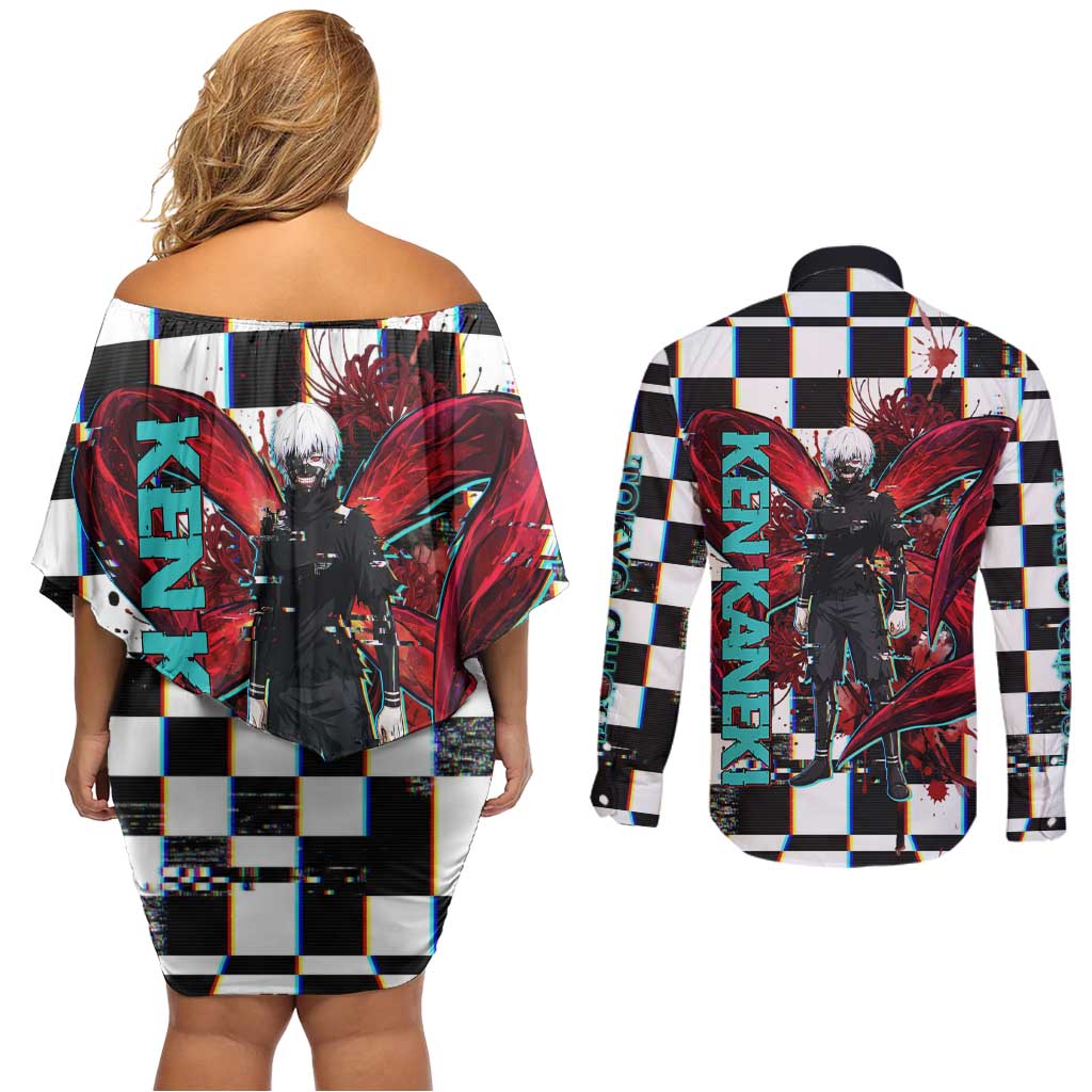 Tokyo Ghoul Kaneki Ken Couples Matching Off Shoulder Short Dress and Long Sleeve Button Shirt Glitchcore Anime Style with Dark Checker Pattern