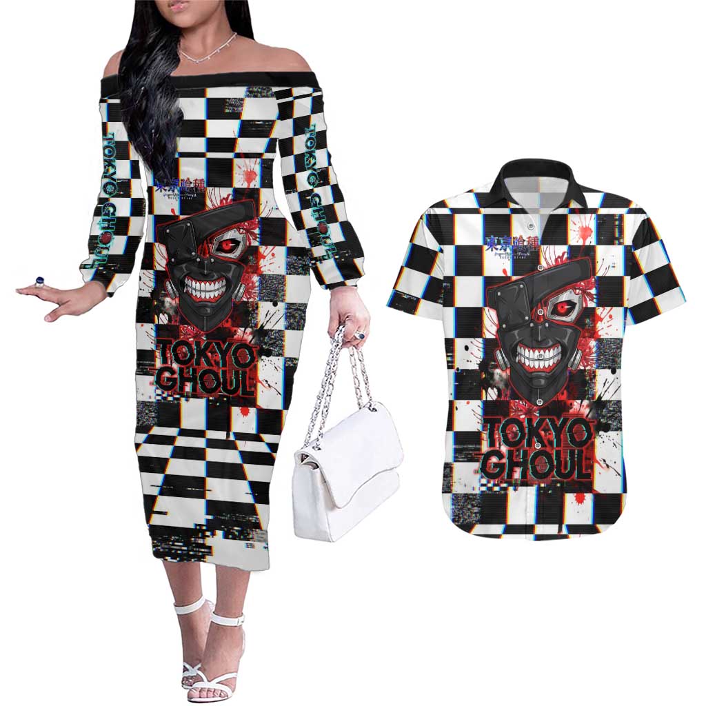 Tokyo Ghoul Kaneki Ken Couples Matching Off The Shoulder Long Sleeve Dress and Hawaiian Shirt Glitchcore Anime Style with Dark Checker Pattern