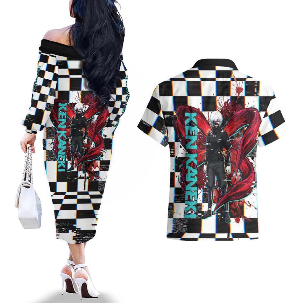 Tokyo Ghoul Kaneki Ken Couples Matching Off The Shoulder Long Sleeve Dress and Hawaiian Shirt Glitchcore Anime Style with Dark Checker Pattern