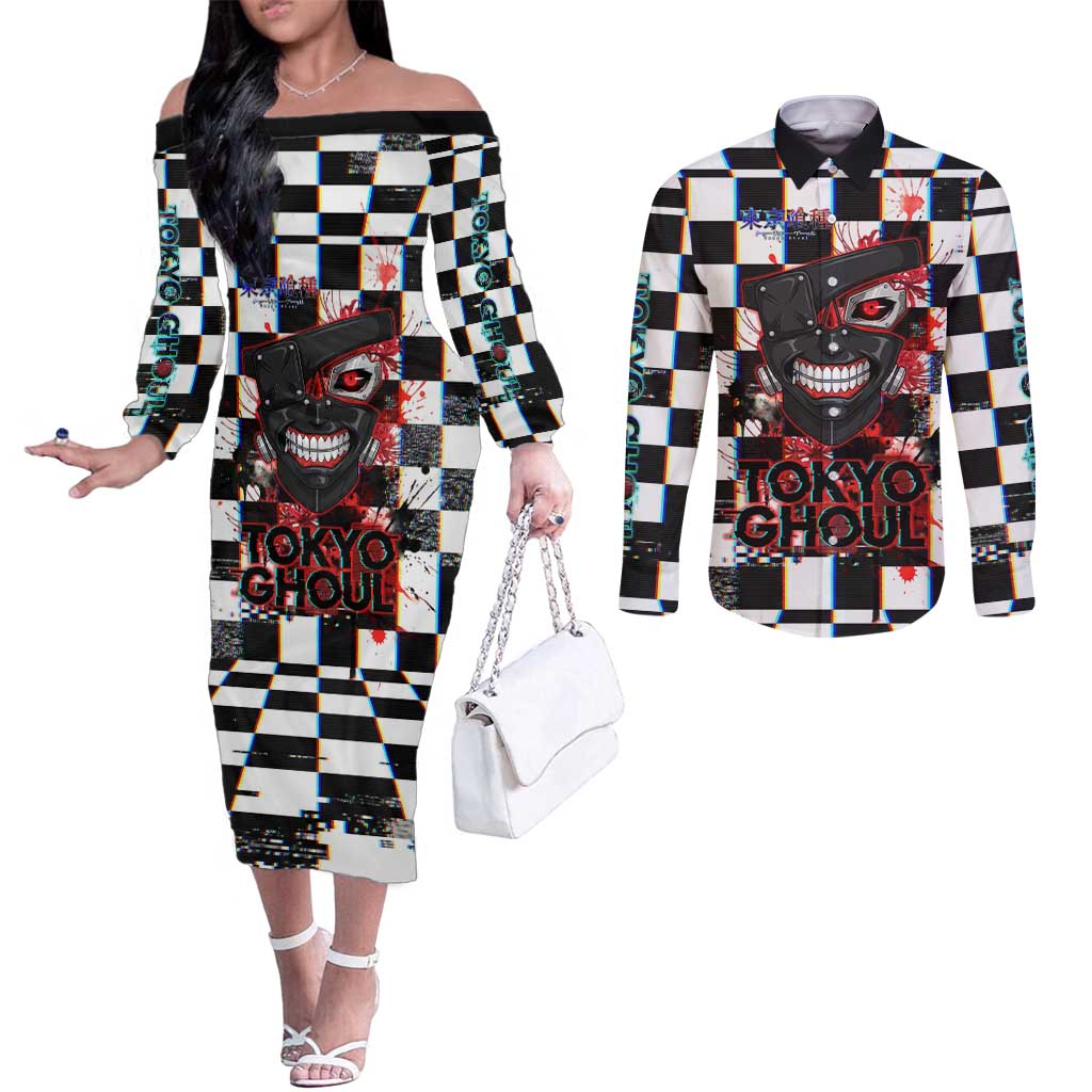 Tokyo Ghoul Kaneki Ken Couples Matching Off The Shoulder Long Sleeve Dress and Long Sleeve Button Shirt Glitchcore Anime Style with Dark Checker Pattern