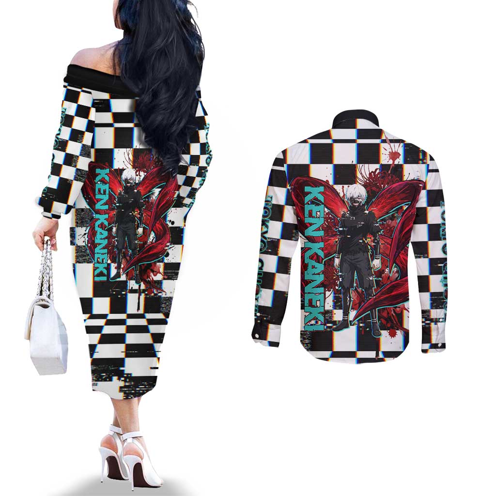 Tokyo Ghoul Kaneki Ken Couples Matching Off The Shoulder Long Sleeve Dress and Long Sleeve Button Shirt Glitchcore Anime Style with Dark Checker Pattern