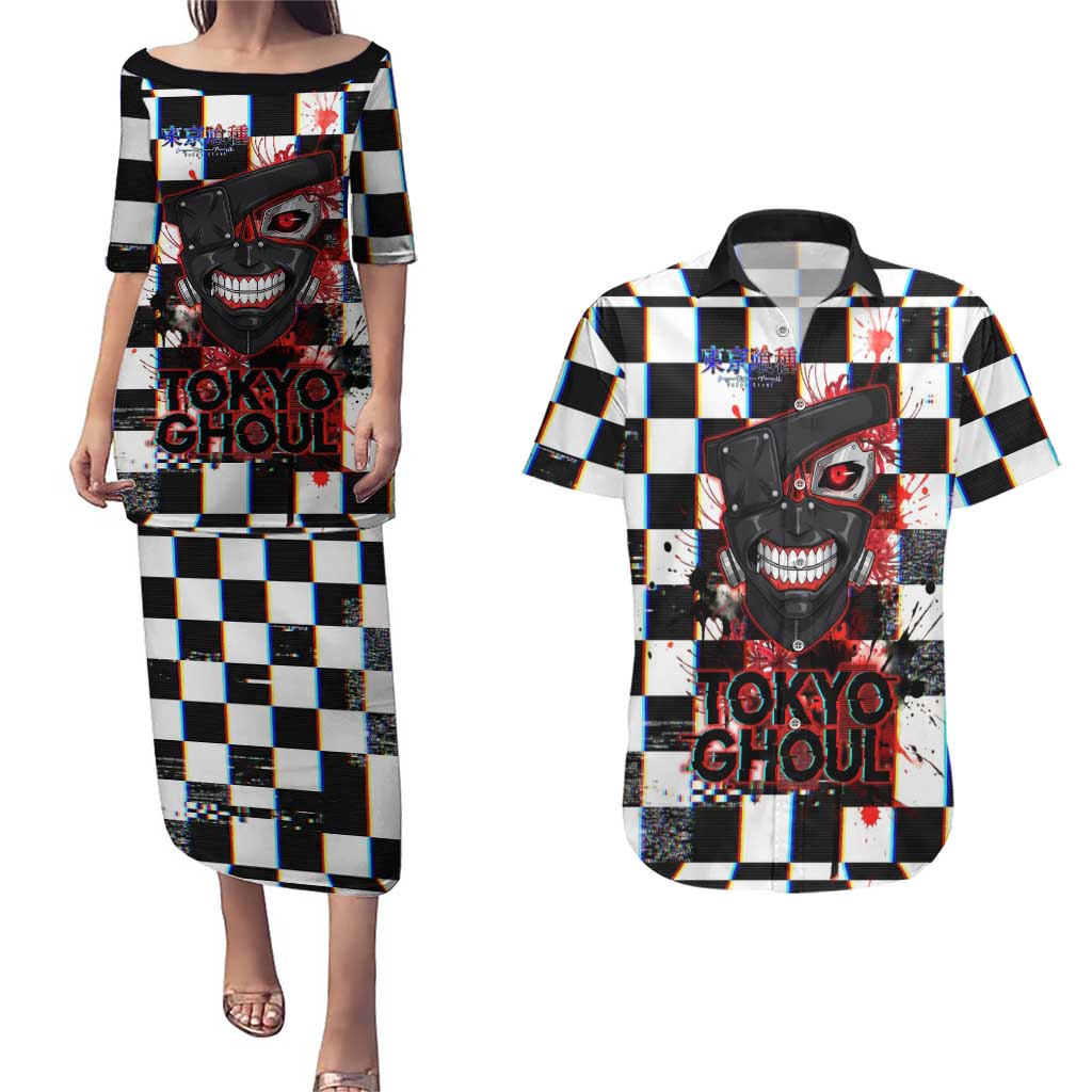 Tokyo Ghoul Kaneki Ken Couples Matching Puletasi and Hawaiian Shirt Glitchcore Anime Style with Dark Checker Pattern