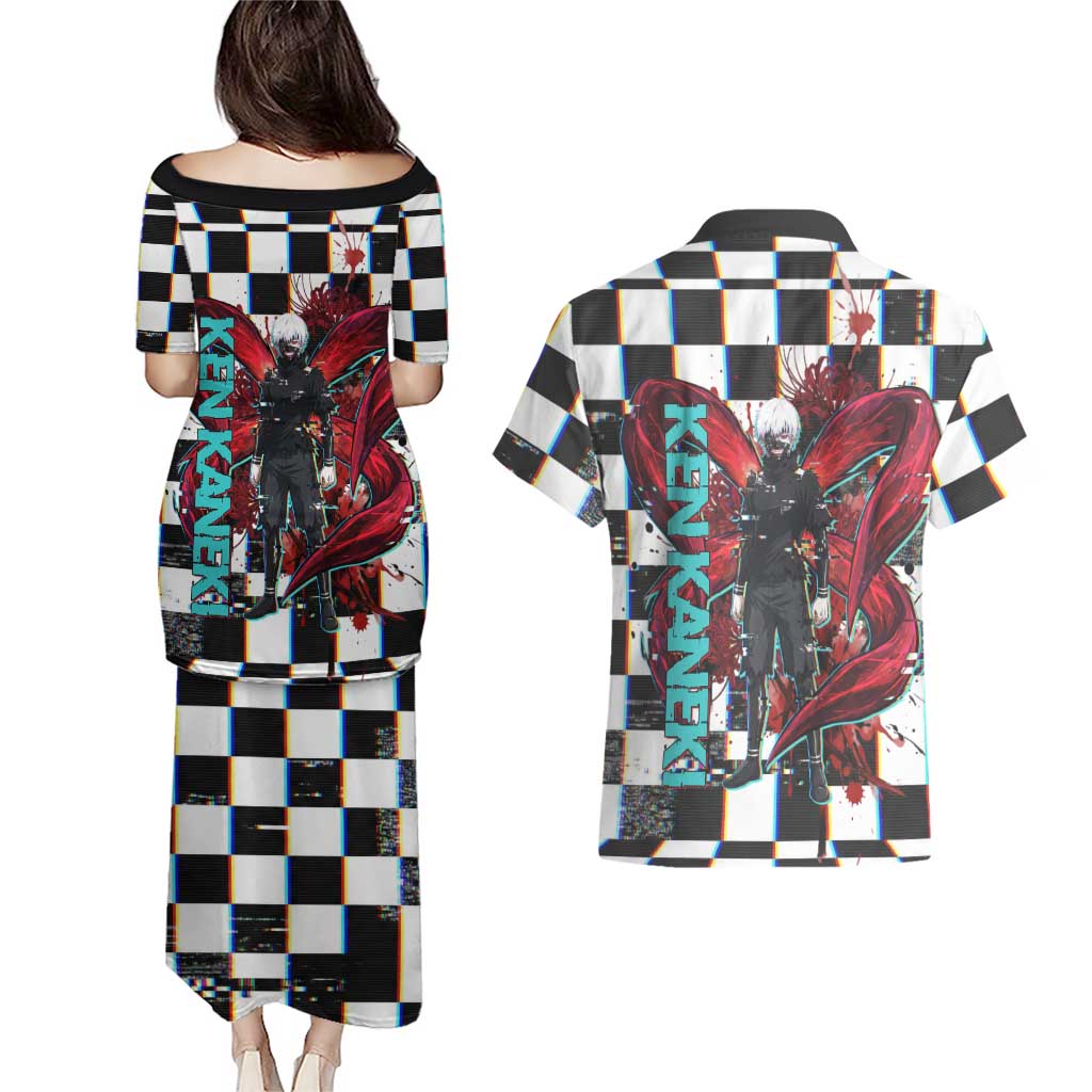 Tokyo Ghoul Kaneki Ken Couples Matching Puletasi and Hawaiian Shirt Glitchcore Anime Style with Dark Checker Pattern