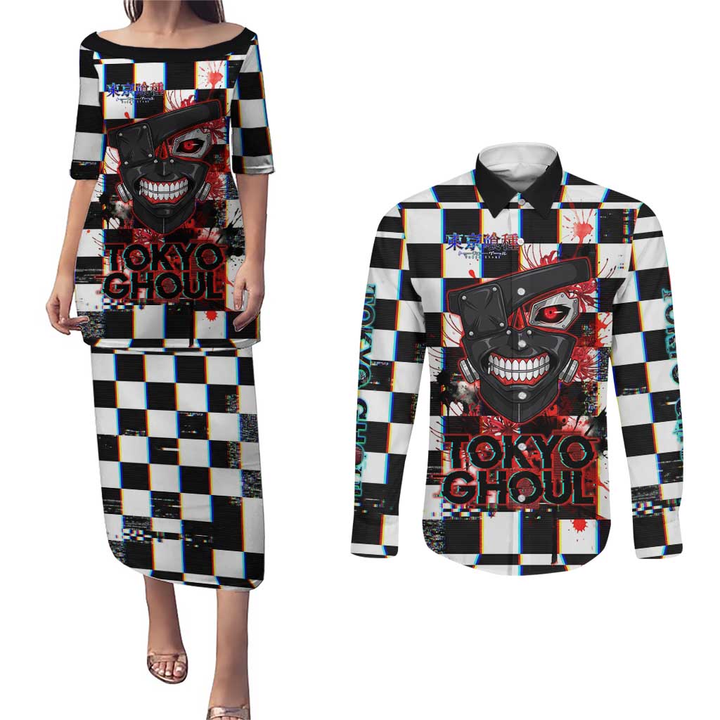 Tokyo Ghoul Kaneki Ken Couples Matching Puletasi and Long Sleeve Button Shirt Glitchcore Anime Style with Dark Checker Pattern