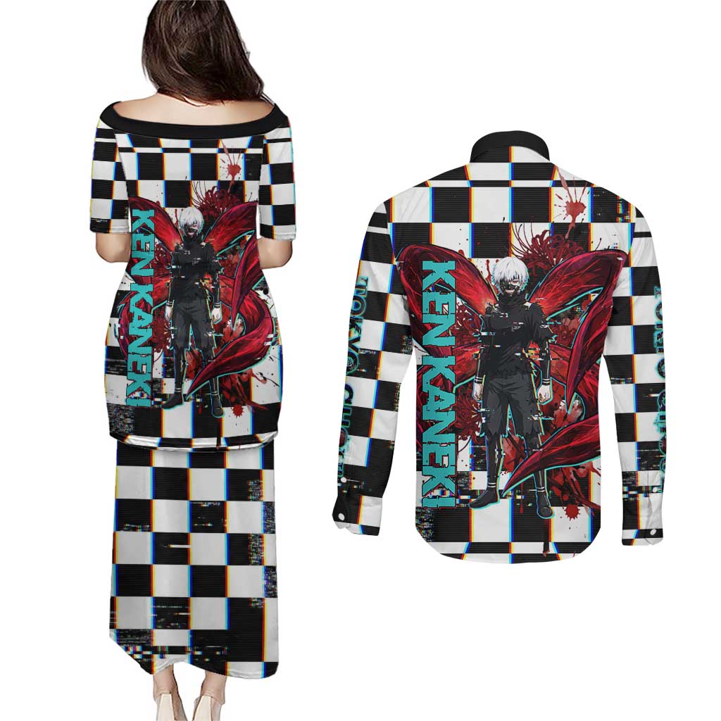 Tokyo Ghoul Kaneki Ken Couples Matching Puletasi and Long Sleeve Button Shirt Glitchcore Anime Style with Dark Checker Pattern