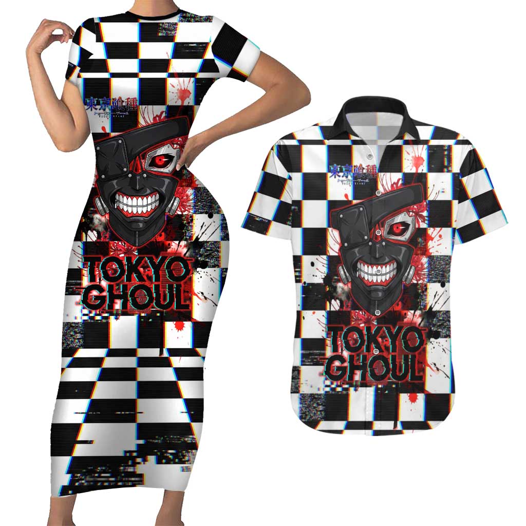Tokyo Ghoul Kaneki Ken Couples Matching Short Sleeve Bodycon Dress and Hawaiian Shirt Glitchcore Anime Style with Dark Checker Pattern