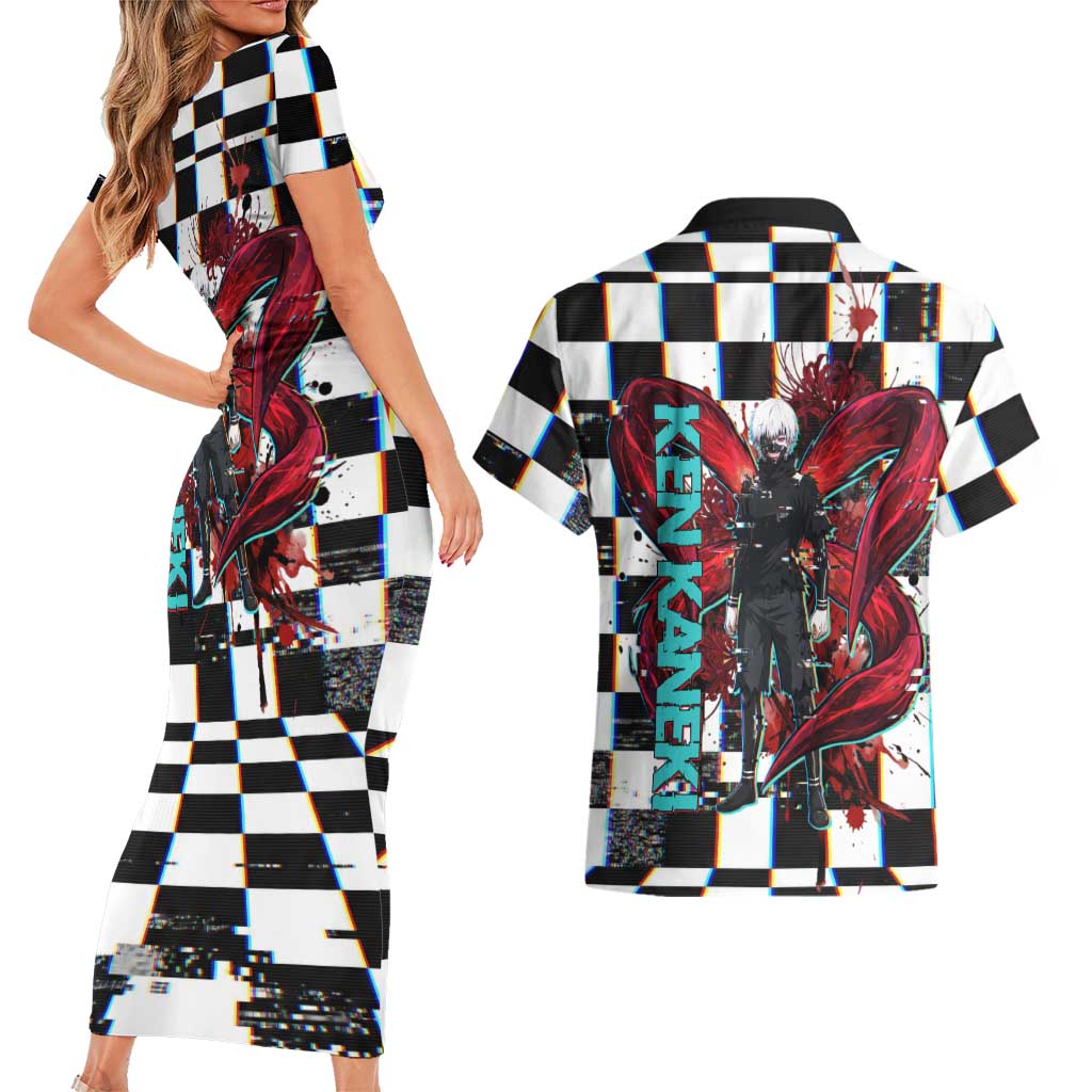 Tokyo Ghoul Kaneki Ken Couples Matching Short Sleeve Bodycon Dress and Hawaiian Shirt Glitchcore Anime Style with Dark Checker Pattern