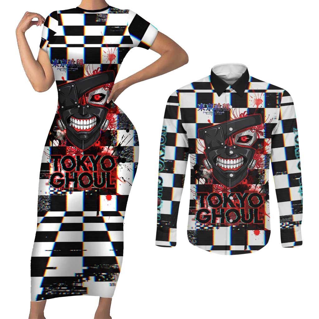 Tokyo Ghoul Kaneki Ken Couples Matching Short Sleeve Bodycon Dress and Long Sleeve Button Shirt Glitchcore Anime Style with Dark Checker Pattern