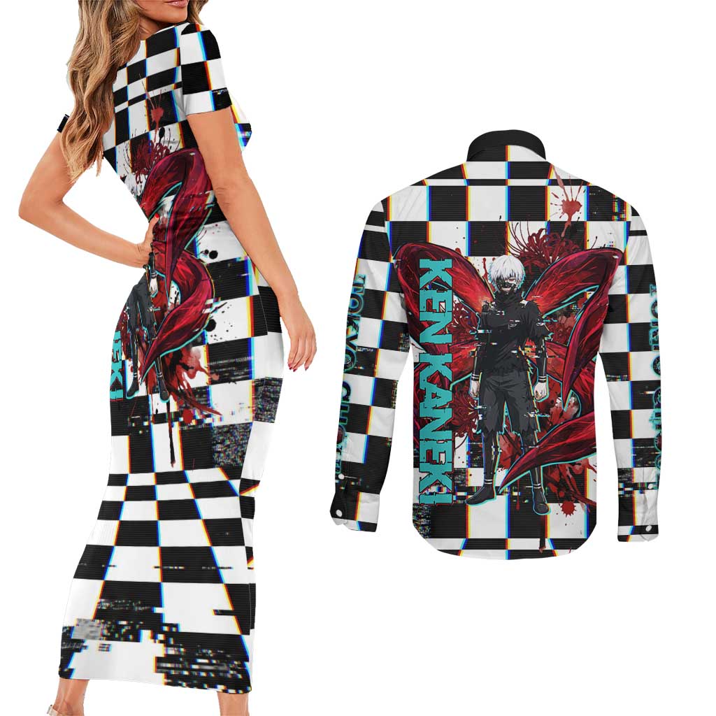 Tokyo Ghoul Kaneki Ken Couples Matching Short Sleeve Bodycon Dress and Long Sleeve Button Shirt Glitchcore Anime Style with Dark Checker Pattern