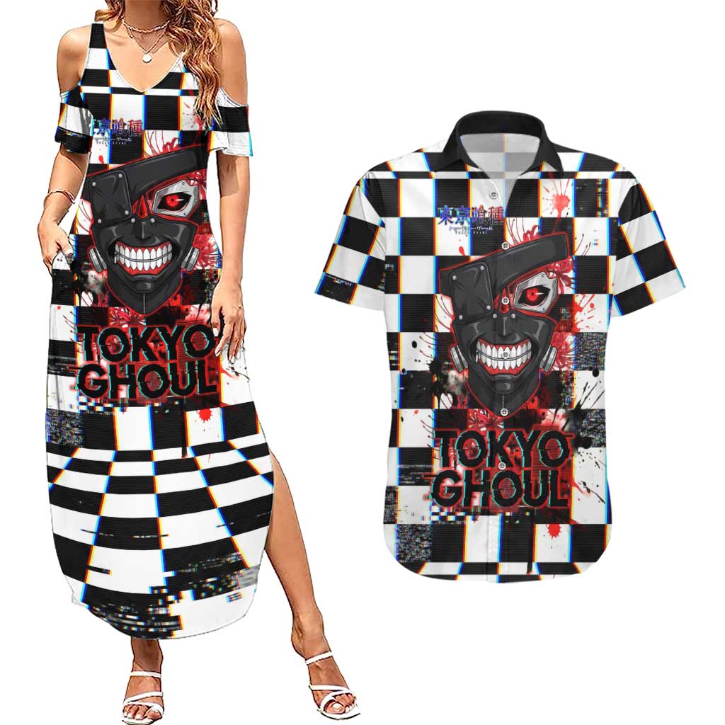 Tokyo Ghoul Kaneki Ken Couples Matching Summer Maxi Dress and Hawaiian Shirt Glitchcore Anime Style with Dark Checker Pattern