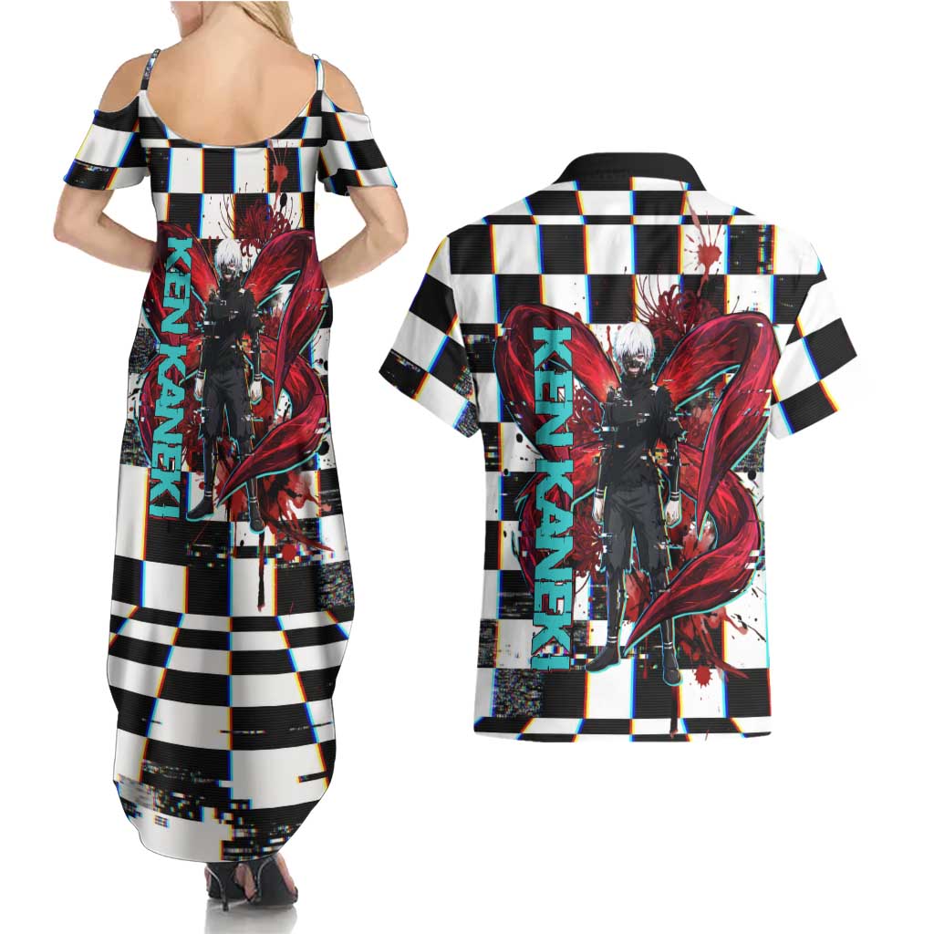 Tokyo Ghoul Kaneki Ken Couples Matching Summer Maxi Dress and Hawaiian Shirt Glitchcore Anime Style with Dark Checker Pattern