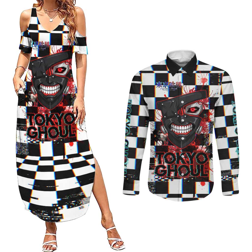 Tokyo Ghoul Kaneki Ken Couples Matching Summer Maxi Dress and Long Sleeve Button Shirt Glitchcore Anime Style with Dark Checker Pattern