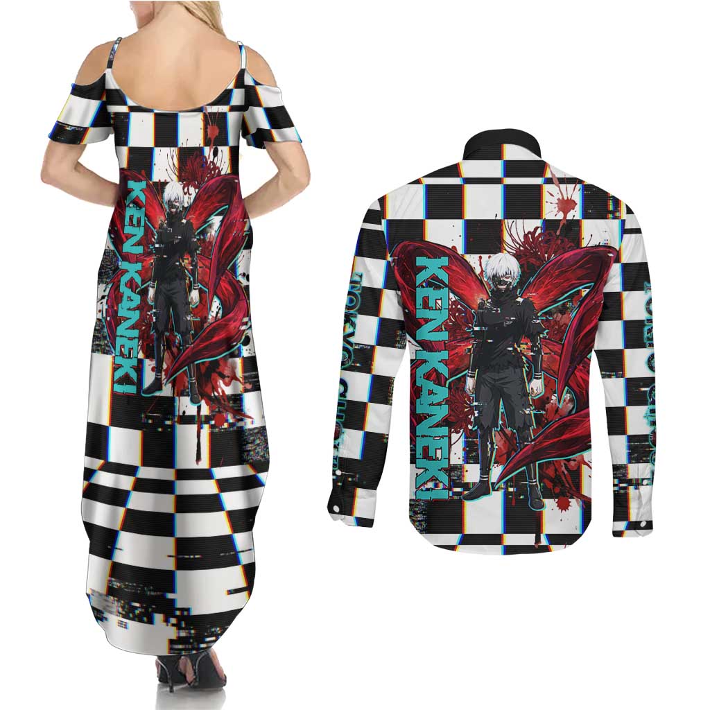 Tokyo Ghoul Kaneki Ken Couples Matching Summer Maxi Dress and Long Sleeve Button Shirt Glitchcore Anime Style with Dark Checker Pattern