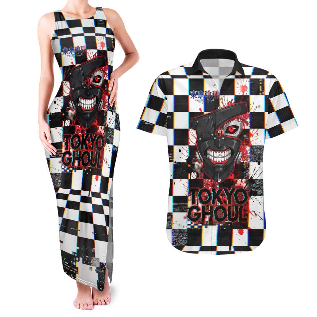 Tokyo Ghoul Kaneki Ken Couples Matching Tank Maxi Dress and Hawaiian Shirt Glitchcore Anime Style with Dark Checker Pattern