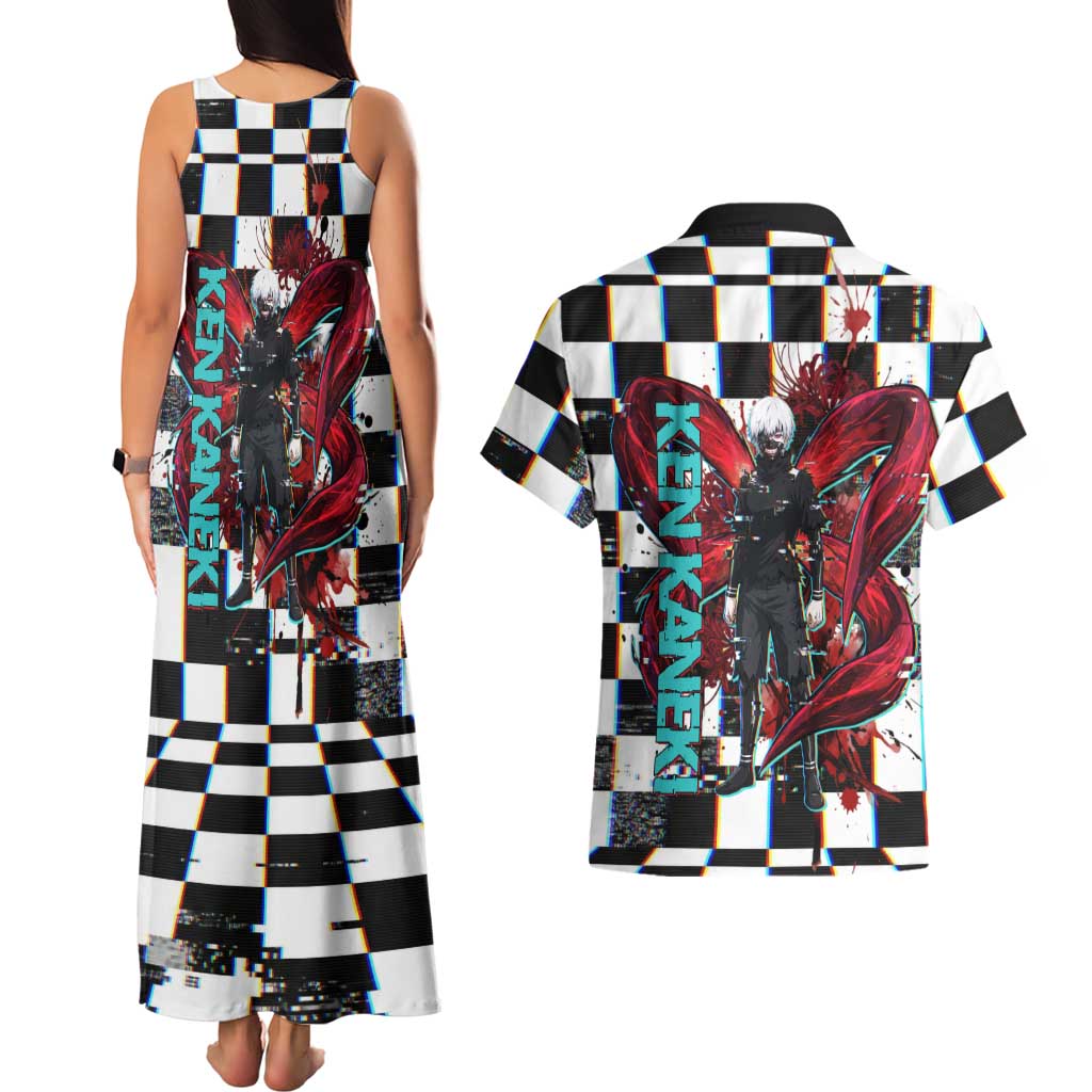 Tokyo Ghoul Kaneki Ken Couples Matching Tank Maxi Dress and Hawaiian Shirt Glitchcore Anime Style with Dark Checker Pattern