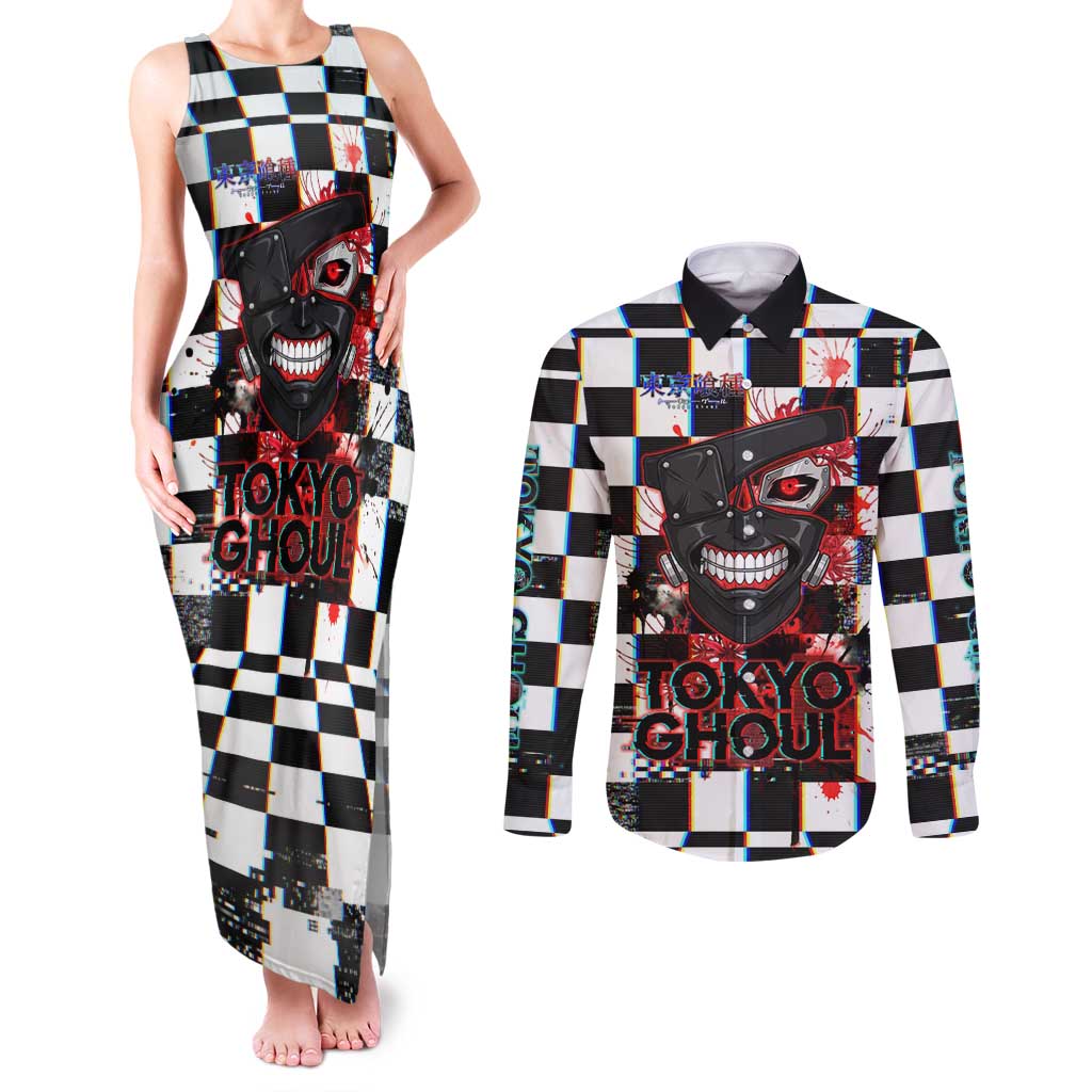Tokyo Ghoul Kaneki Ken Couples Matching Tank Maxi Dress and Long Sleeve Button Shirt Glitchcore Anime Style with Dark Checker Pattern