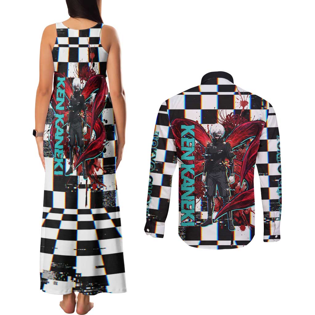 Tokyo Ghoul Kaneki Ken Couples Matching Tank Maxi Dress and Long Sleeve Button Shirt Glitchcore Anime Style with Dark Checker Pattern