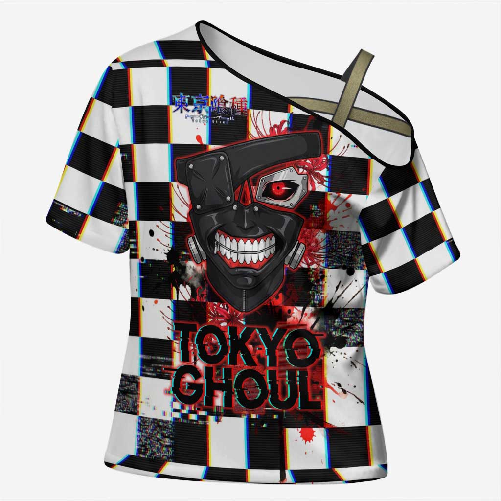 Tokyo Ghoul Kaneki Ken Cross Shoulder Shirt Glitchcore Anime Style with Dark Checker Pattern