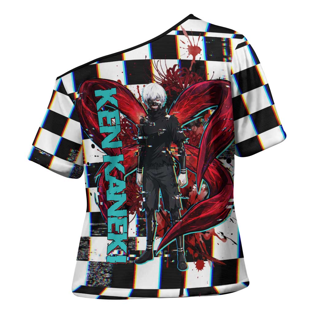 Tokyo Ghoul Kaneki Ken Cross Shoulder Shirt Glitchcore Anime Style with Dark Checker Pattern