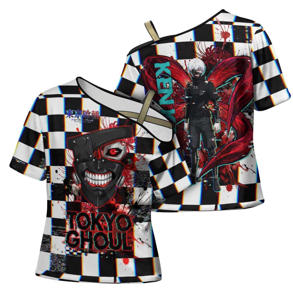 Tokyo Ghoul Kaneki Ken Cross Shoulder Shirt Glitchcore Anime Style with Dark Checker Pattern