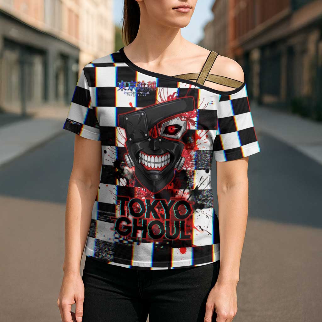 Tokyo Ghoul Kaneki Ken Cross Shoulder Shirt Glitchcore Anime Style with Dark Checker Pattern