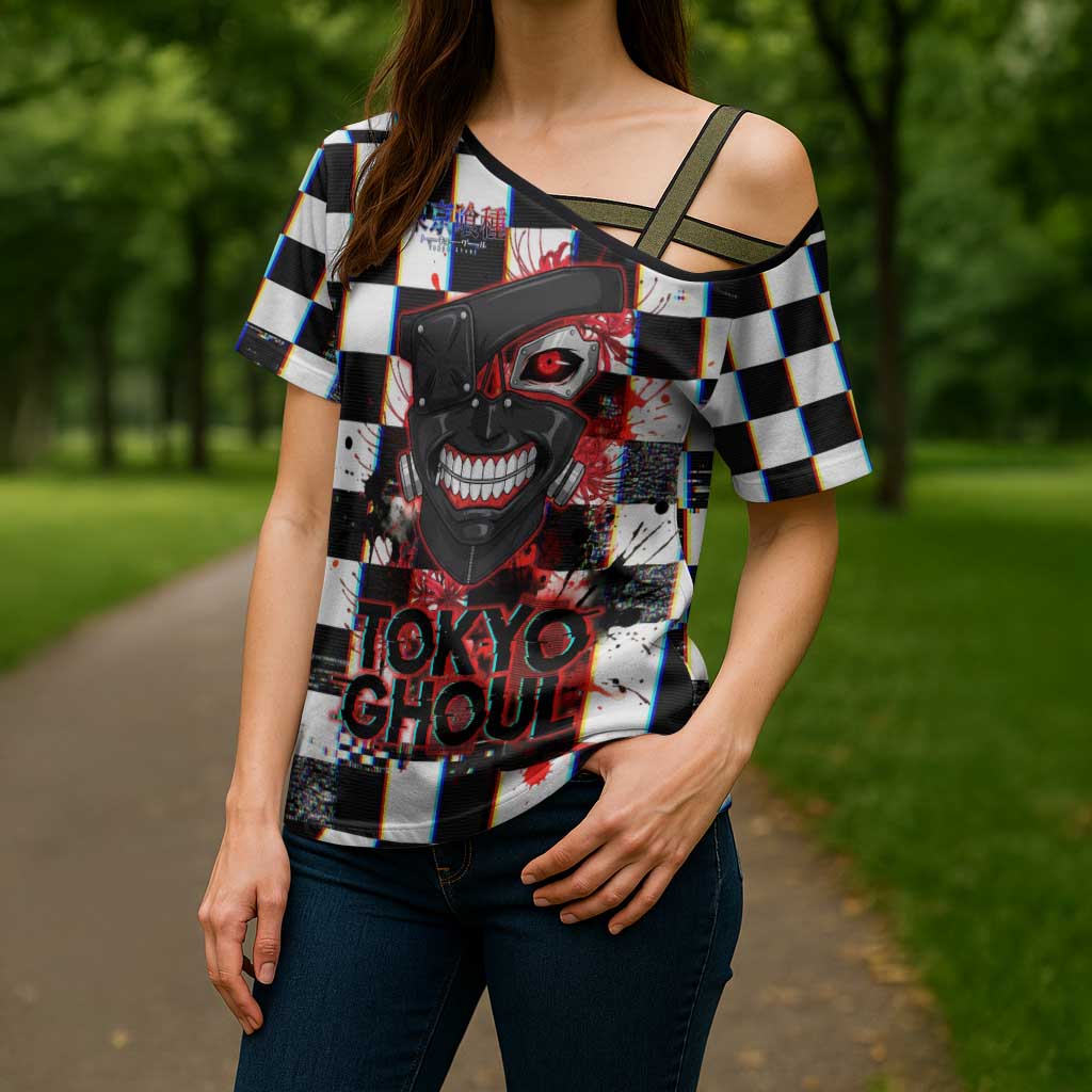 Tokyo Ghoul Kaneki Ken Cross Shoulder Shirt Glitchcore Anime Style with Dark Checker Pattern