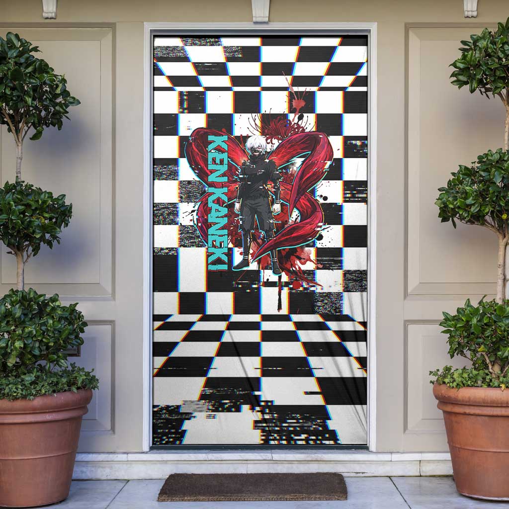 Tokyo Ghoul Kaneki Ken Door Cover Glitchcore Anime Style with Dark Checker Pattern