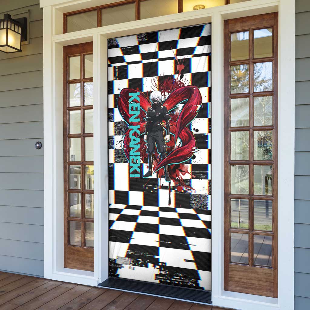 Tokyo Ghoul Kaneki Ken Door Cover Glitchcore Anime Style with Dark Checker Pattern