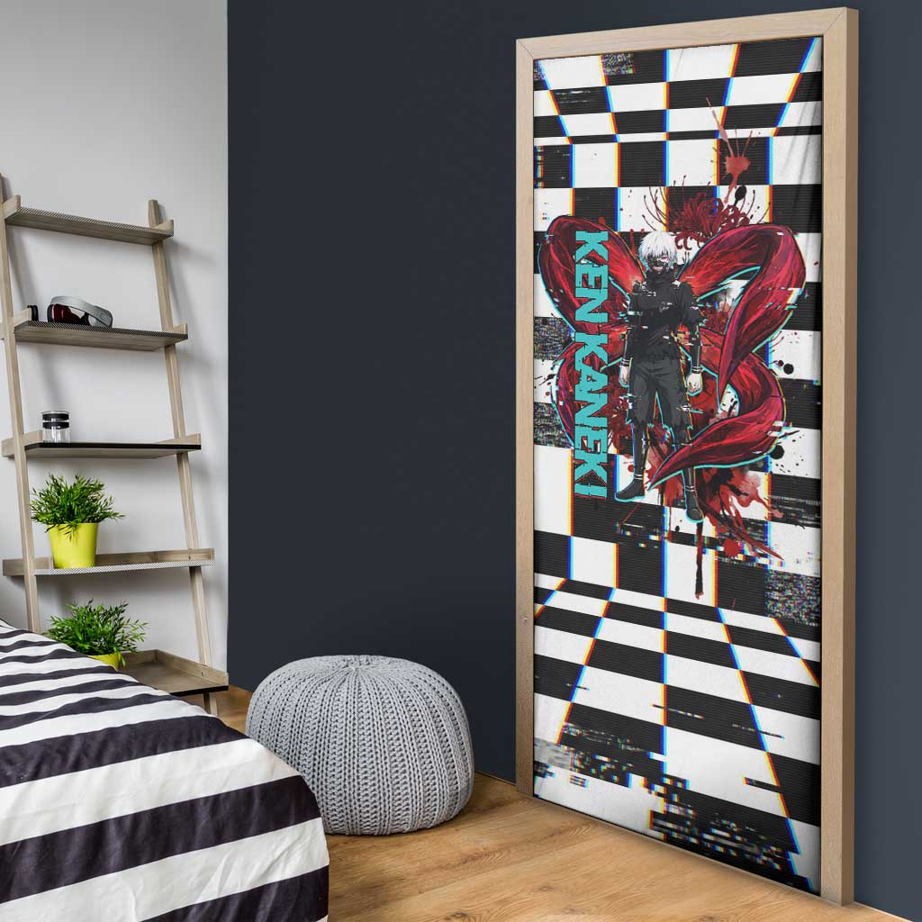 Tokyo Ghoul Kaneki Ken Door Cover Glitchcore Anime Style with Dark Checker Pattern