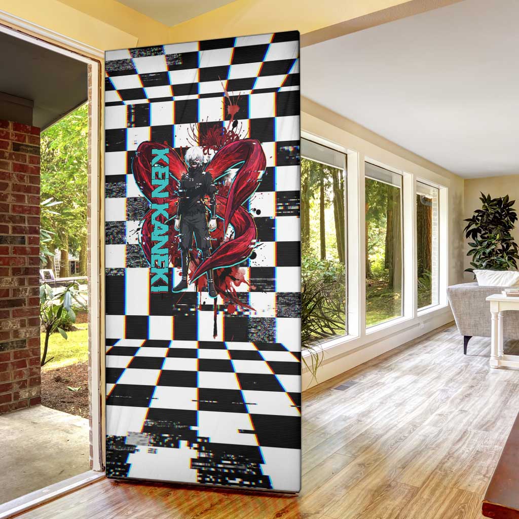 Tokyo Ghoul Kaneki Ken Door Cover Glitchcore Anime Style with Dark Checker Pattern