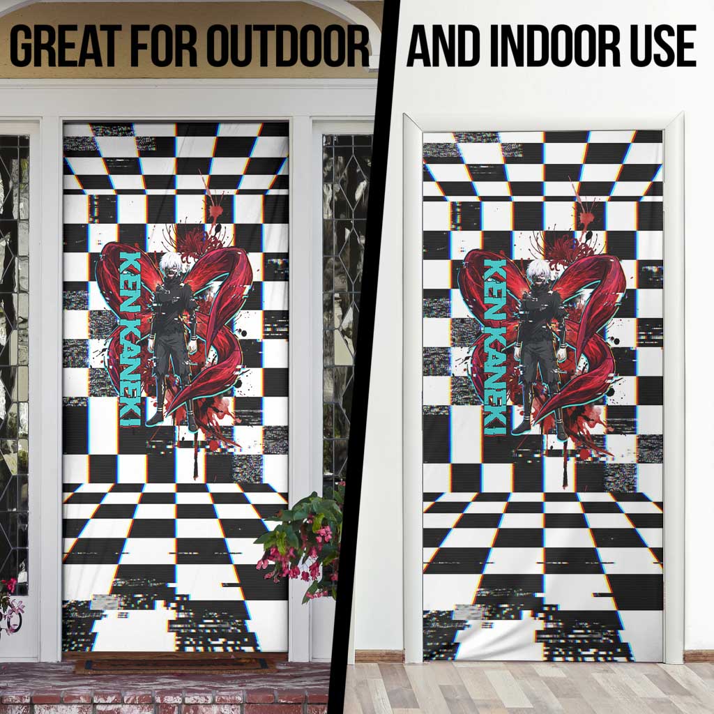 Tokyo Ghoul Kaneki Ken Door Cover Glitchcore Anime Style with Dark Checker Pattern