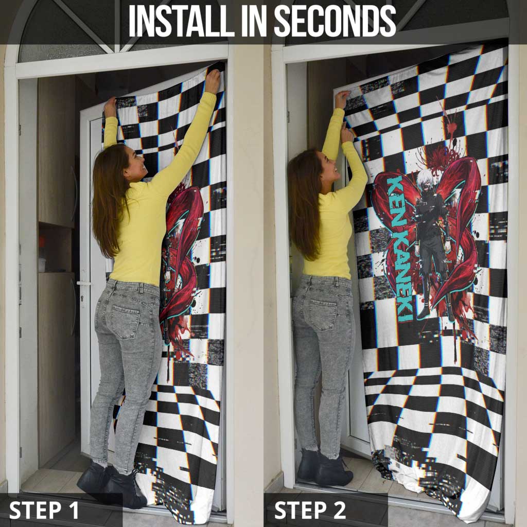 Tokyo Ghoul Kaneki Ken Door Cover Glitchcore Anime Style with Dark Checker Pattern