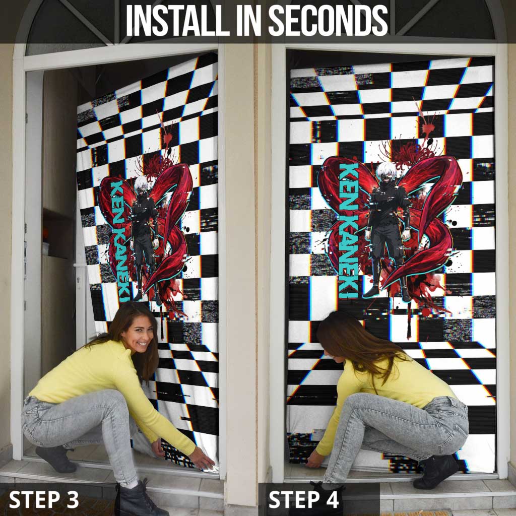 Tokyo Ghoul Kaneki Ken Door Cover Glitchcore Anime Style with Dark Checker Pattern