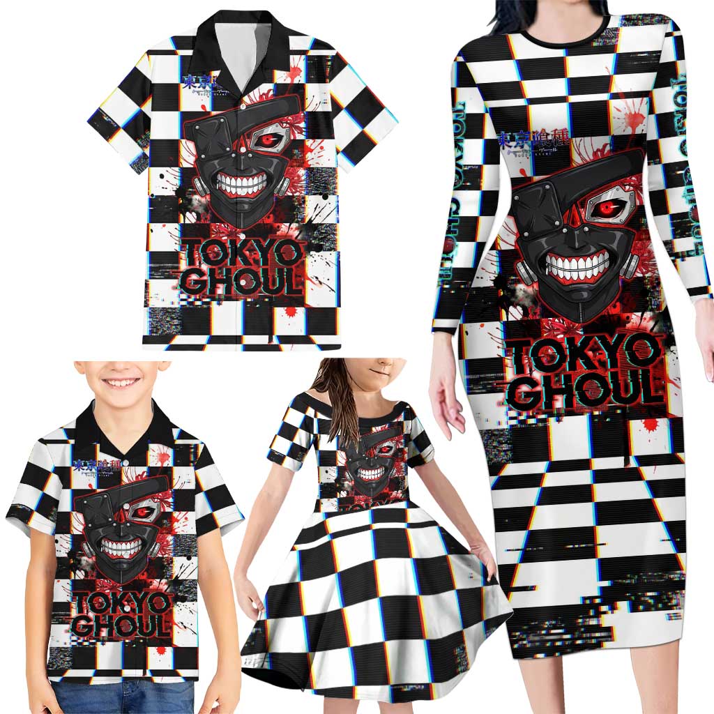 Tokyo Ghoul Kaneki Ken Family Matching Long Sleeve Bodycon Dress and Hawaiian Shirt Glitchcore Anime Style with Dark Checker Pattern