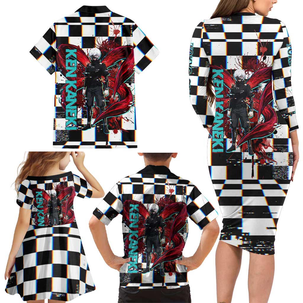 Tokyo Ghoul Kaneki Ken Family Matching Long Sleeve Bodycon Dress and Hawaiian Shirt Glitchcore Anime Style with Dark Checker Pattern