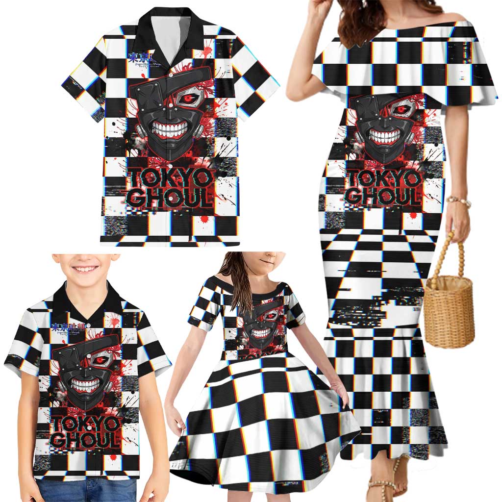 Tokyo Ghoul Kaneki Ken Family Matching Mermaid Dress and Hawaiian Shirt Glitchcore Anime Style with Dark Checker Pattern