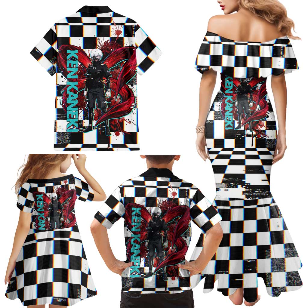 Tokyo Ghoul Kaneki Ken Family Matching Mermaid Dress and Hawaiian Shirt Glitchcore Anime Style with Dark Checker Pattern