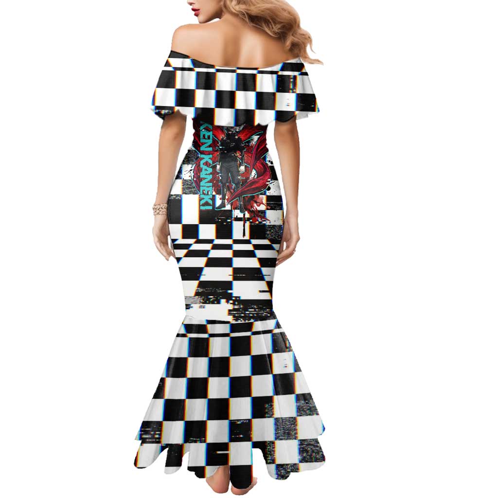 Tokyo Ghoul Kaneki Ken Family Matching Mermaid Dress and Hawaiian Shirt Glitchcore Anime Style with Dark Checker Pattern