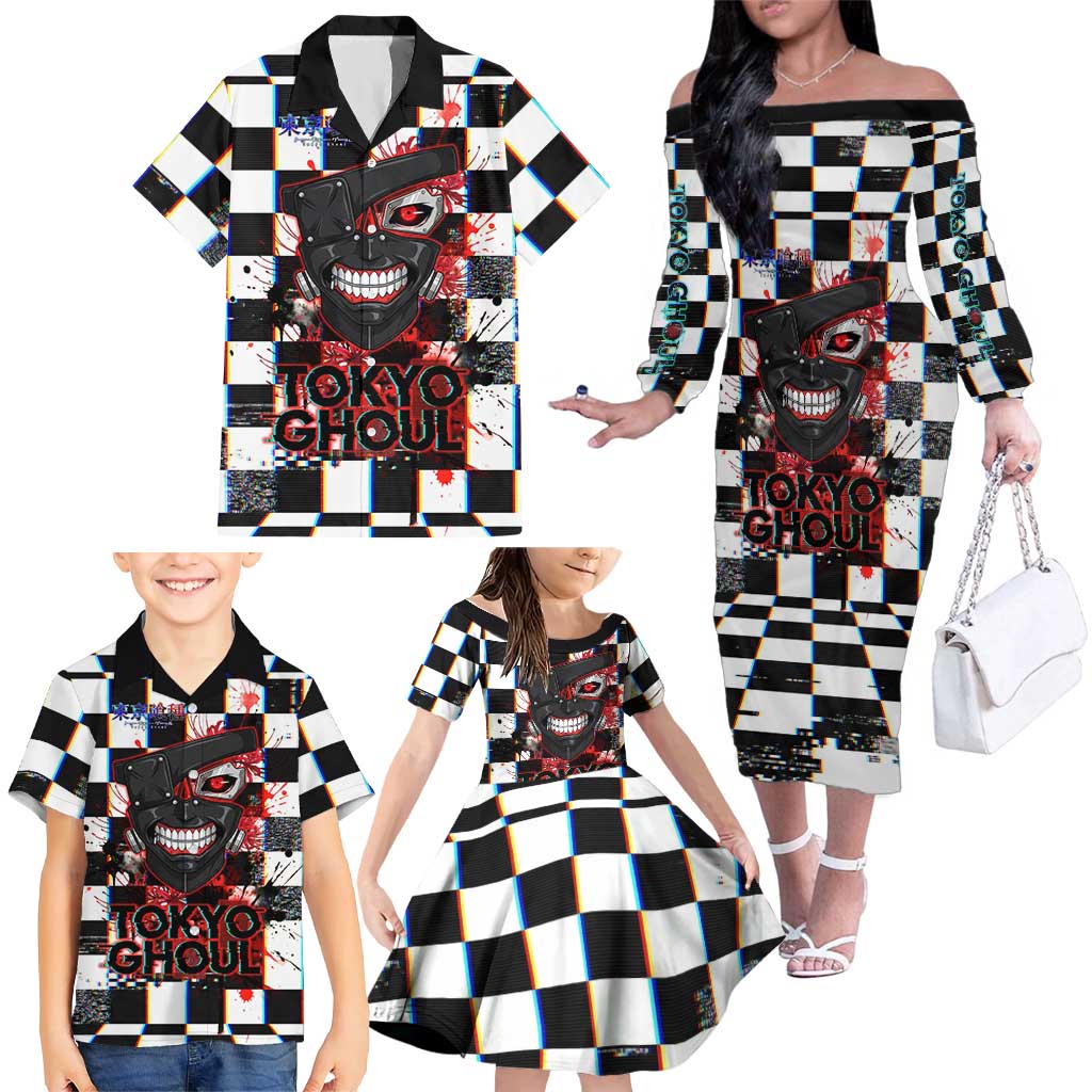 Tokyo Ghoul Kaneki Ken Family Matching Off The Shoulder Long Sleeve Dress and Hawaiian Shirt Glitchcore Anime Style with Dark Checker Pattern